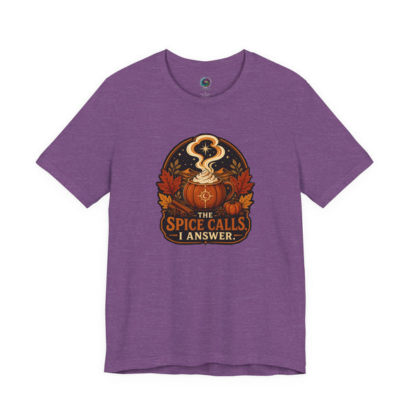 Purple crew-neck T-shirt with pumpkin-spice cauldron graphic