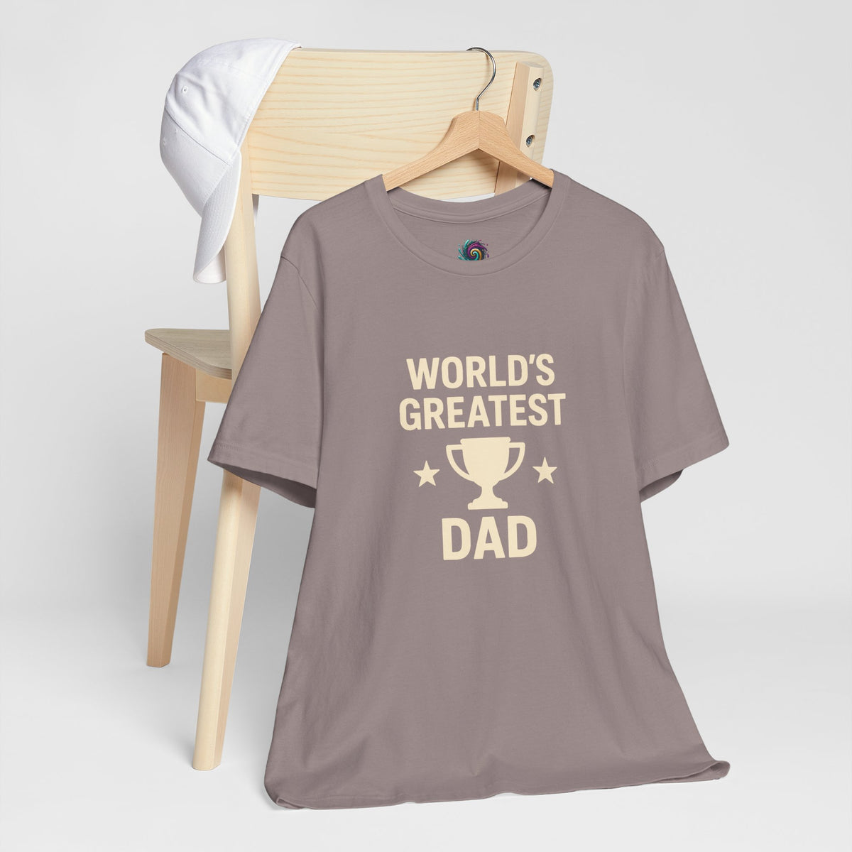 Dark gray crewneck T-shirt with rainbow top icon and trophy "DAD" graphic