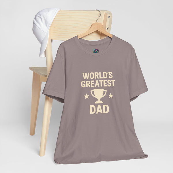 Dark gray crewneck T-shirt with rainbow top icon and trophy "DAD" graphic