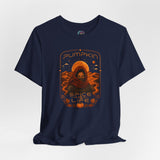 Navy short-sleeve T-shirt with orange pumpkin-spice illustrated face graphic print