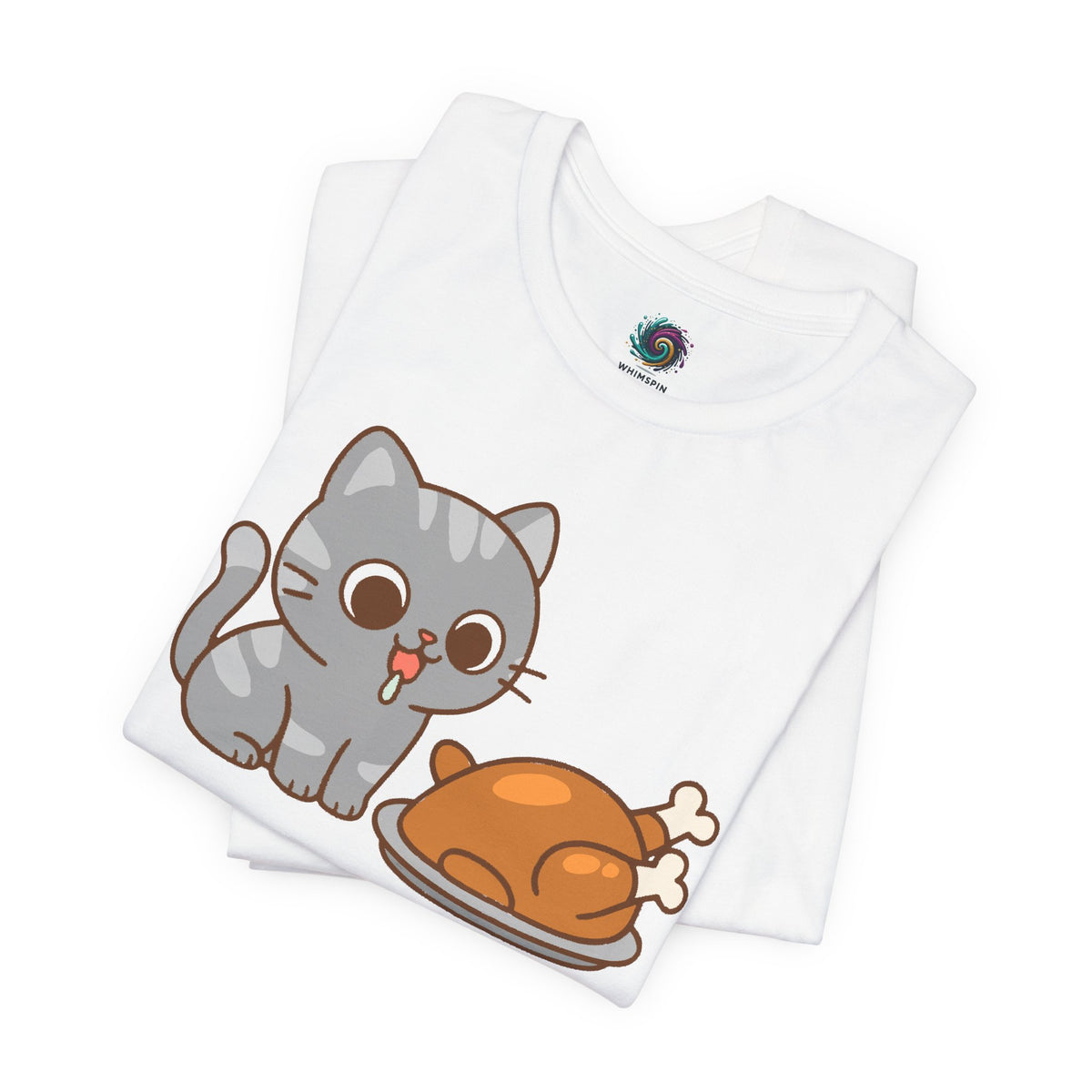 White t-shirt close view of gray cat and orange turkey graphic