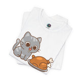 White t-shirt close view of gray cat and orange turkey graphic