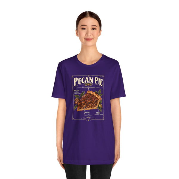 Purple pecan pie graphic T-shirt on model, short sleeves, front square chest print