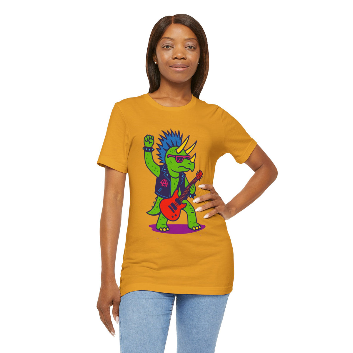 Mustard yellow women’s t-shirt with punk triceratops electric guitar colorful front print
