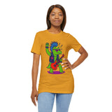 Mustard yellow women’s t-shirt with punk triceratops electric guitar colorful front print