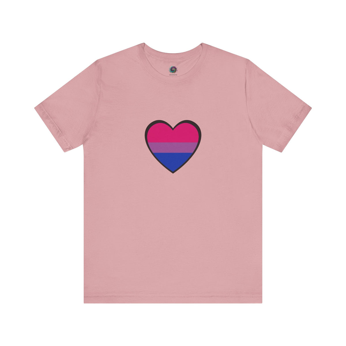 Pink T-shirt with bisexual pride flag heart graphic on the chest.