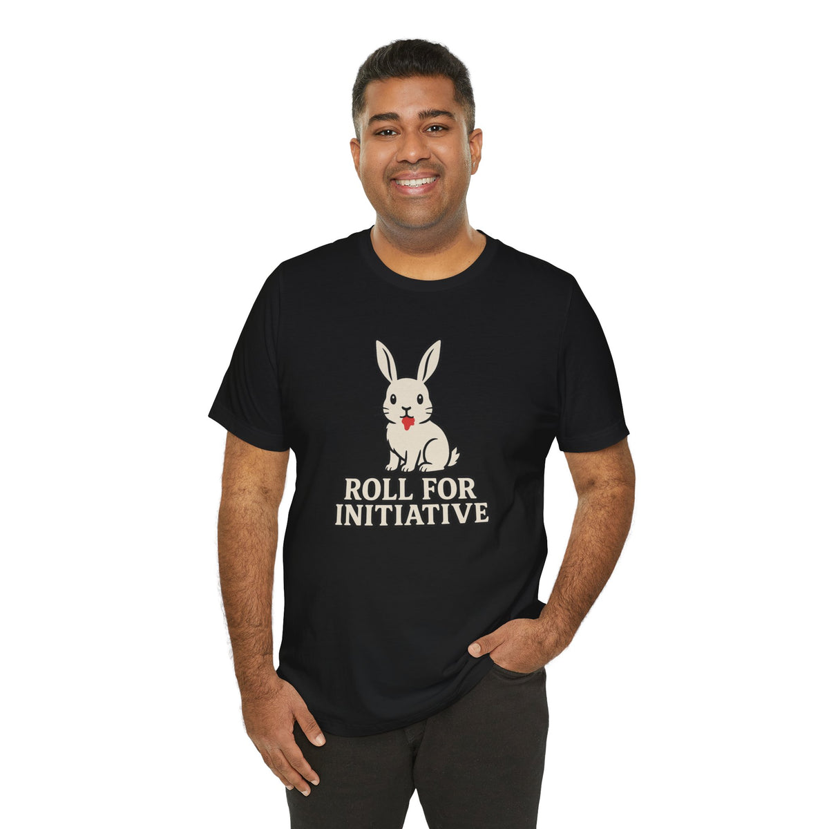 Black crew-neck t-shirt with bunny mascot graphic and “Roll for Initiative” print.