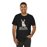 Black crew-neck t-shirt with bunny mascot graphic and “Roll for Initiative” print.