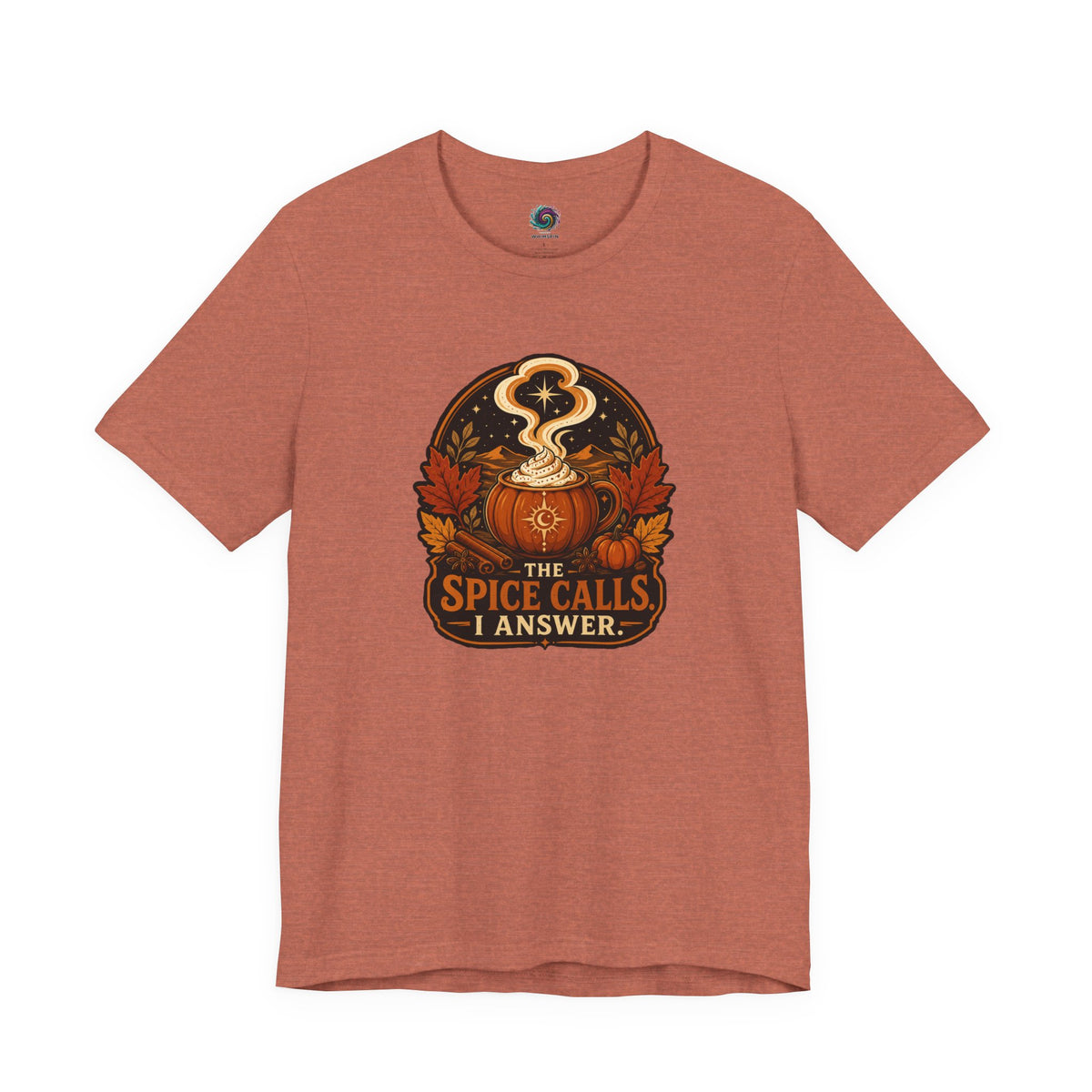 Rust orange T-shirt with front circular pumpkin spice cauldron graphic text "I ANSWER".