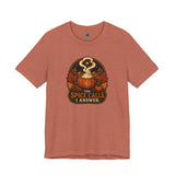 Rust orange T-shirt with front circular pumpkin spice cauldron graphic text 
