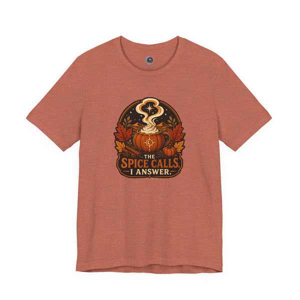 Rust orange T-shirt with front circular pumpkin spice cauldron graphic text "I ANSWER".