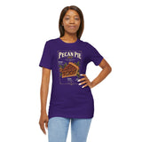 Purple pecan pie graphic T-shirt on model, side pose, square chest print