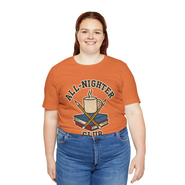 Orange T-shirt with caffeine cup and books 'All-Nighter Club' graphic