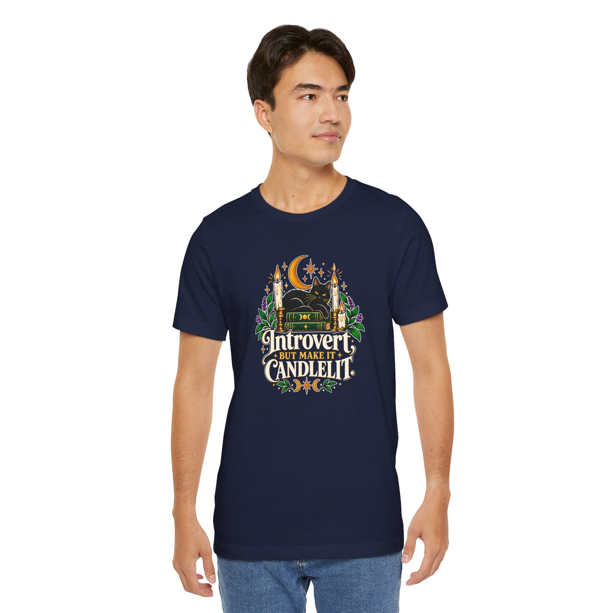 Introvert But Make It Candlelit T-shirt - Witchy Bookish Cat Tee