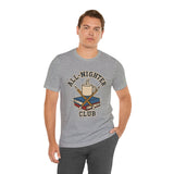 Heather gray crewneck T-shirt with All-Nighter Club coffee graphic, side pose