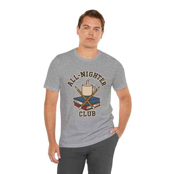 Heather gray crewneck T-shirt with All-Nighter Club coffee graphic, side pose