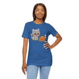 Blue t-shirt on model, featuring gray cat and turkey illustration