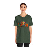 Green crew-neck T-shirt with colorful dinosaur valentine graphic on the front