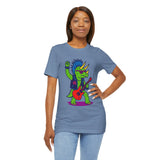 Light blue crewneck T-shirt with green punk triceratops red guitar graphic