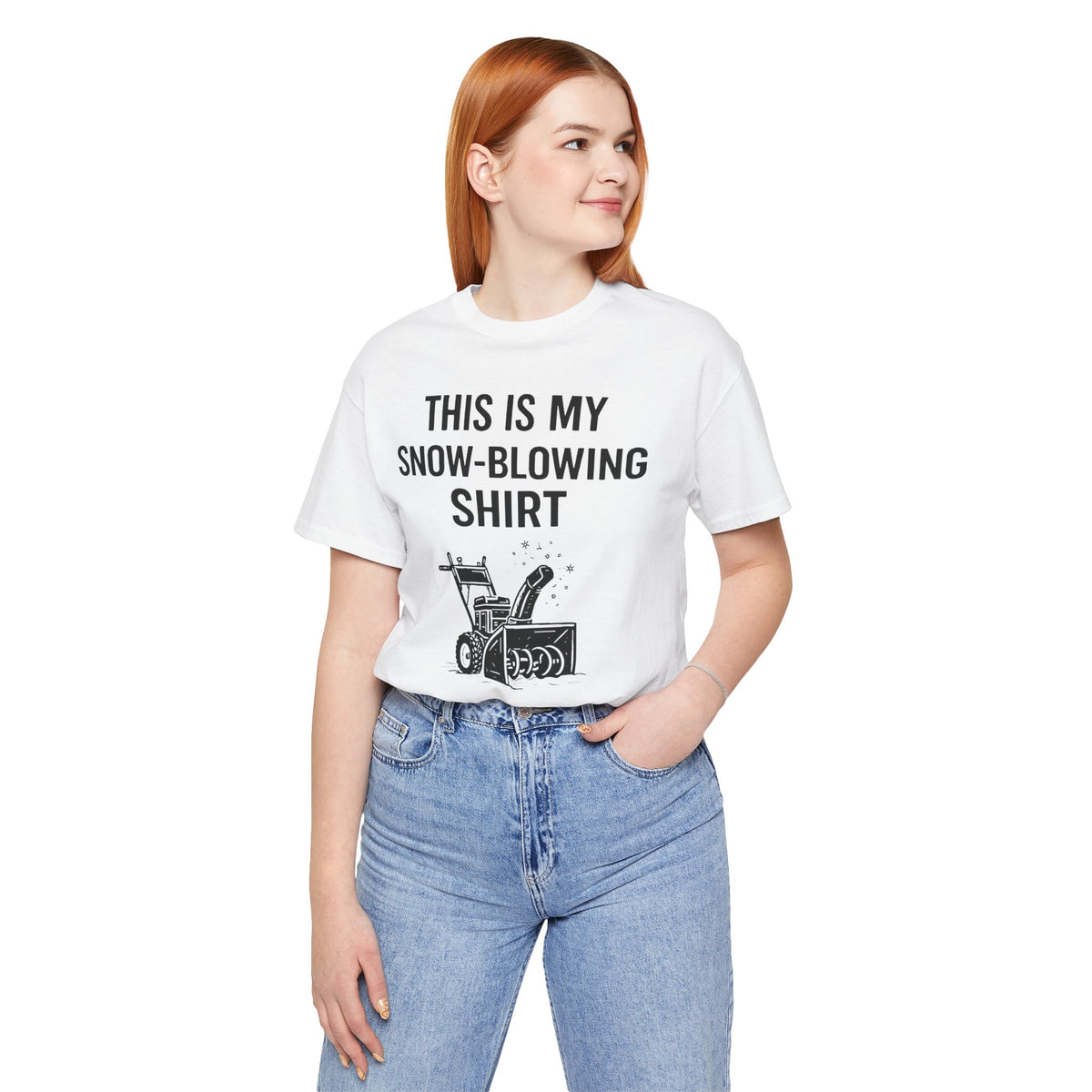 White T-shirt with snow-blowing graphic and bold front lettering, crewneck