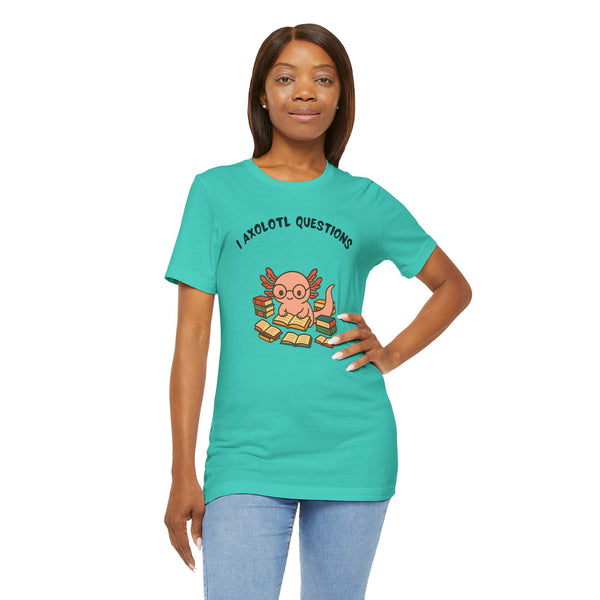 Teal crew t-shirt with axolotl reading books graphic and “I Axolotl Questions”