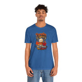 Blue crew-neck T-shirt with pumpkin spice coffee graphic and autumn leaves, front view