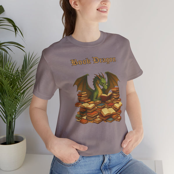 Gray crewneck T-shirt worn by a person, with dragon and books graphic on front