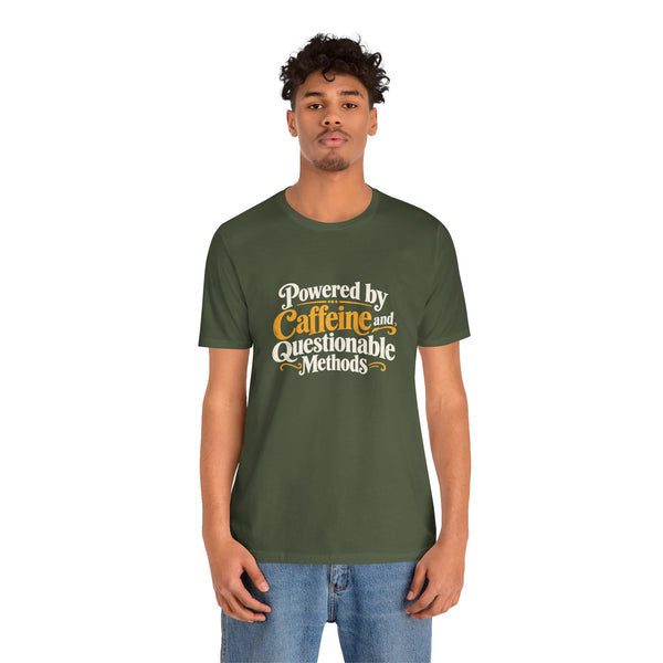 Military green T-shirt on model with “Powered by Caffeine and Questionable Methods” printed text