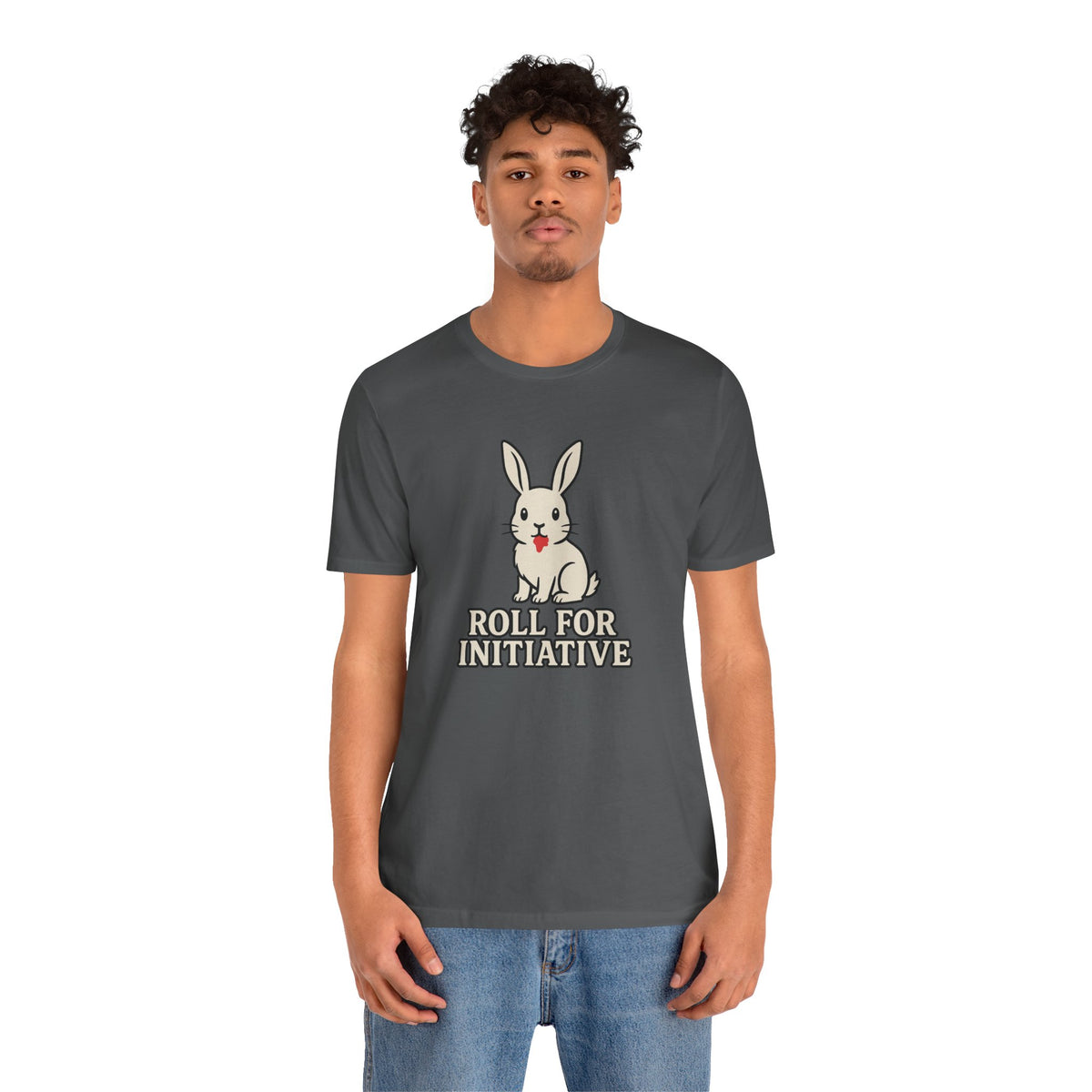 Dark gray t-shirt on model with rabbit graphic and "ROLL FOR INITIATIVE"