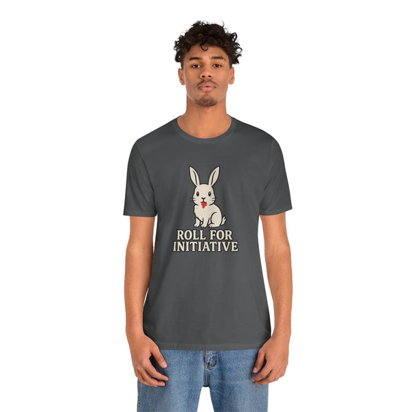 Dark gray t-shirt on model with rabbit graphic and "ROLL FOR INITIATIVE"