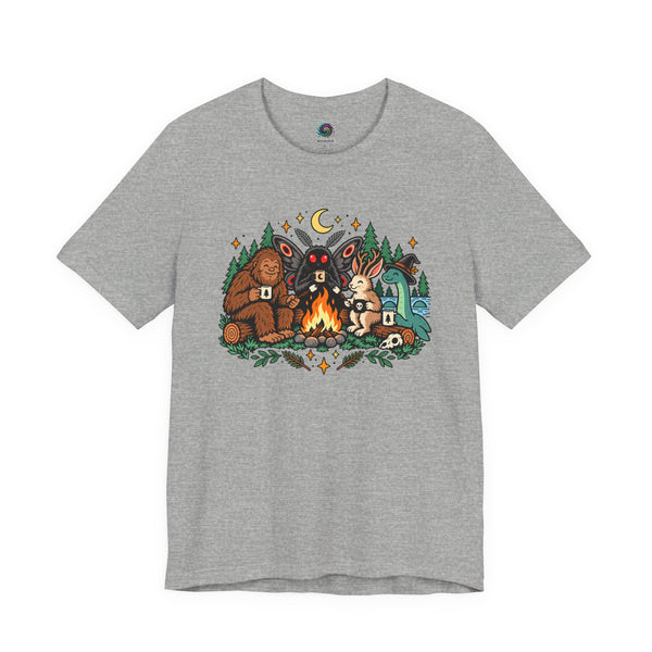 Heather gray campfire cryptid T-shirt with colorful illustrated crew graphic