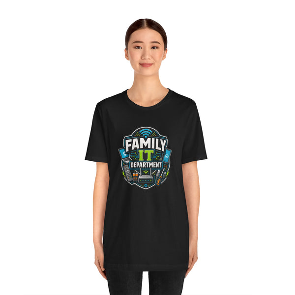 Black crewneck T-shirt with “Family IT Department” graphic on the chest