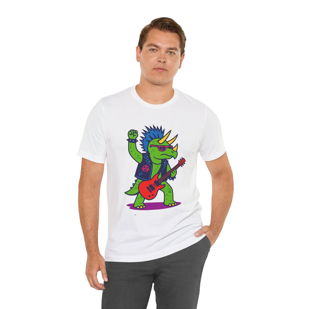 White crewneck T-shirt featuring triceratops punk rocker graphic with a red electric guitar