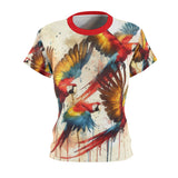 Watercolor macaw all-over graphic T-shirt with red crew neck