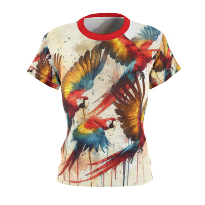 Flying Macaws Tee – Watercolor All-Over Tropical Bird Shirt