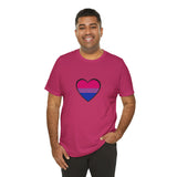 Berry purple T-shirt featuring an outlined heart Pride flag graphic at center chest