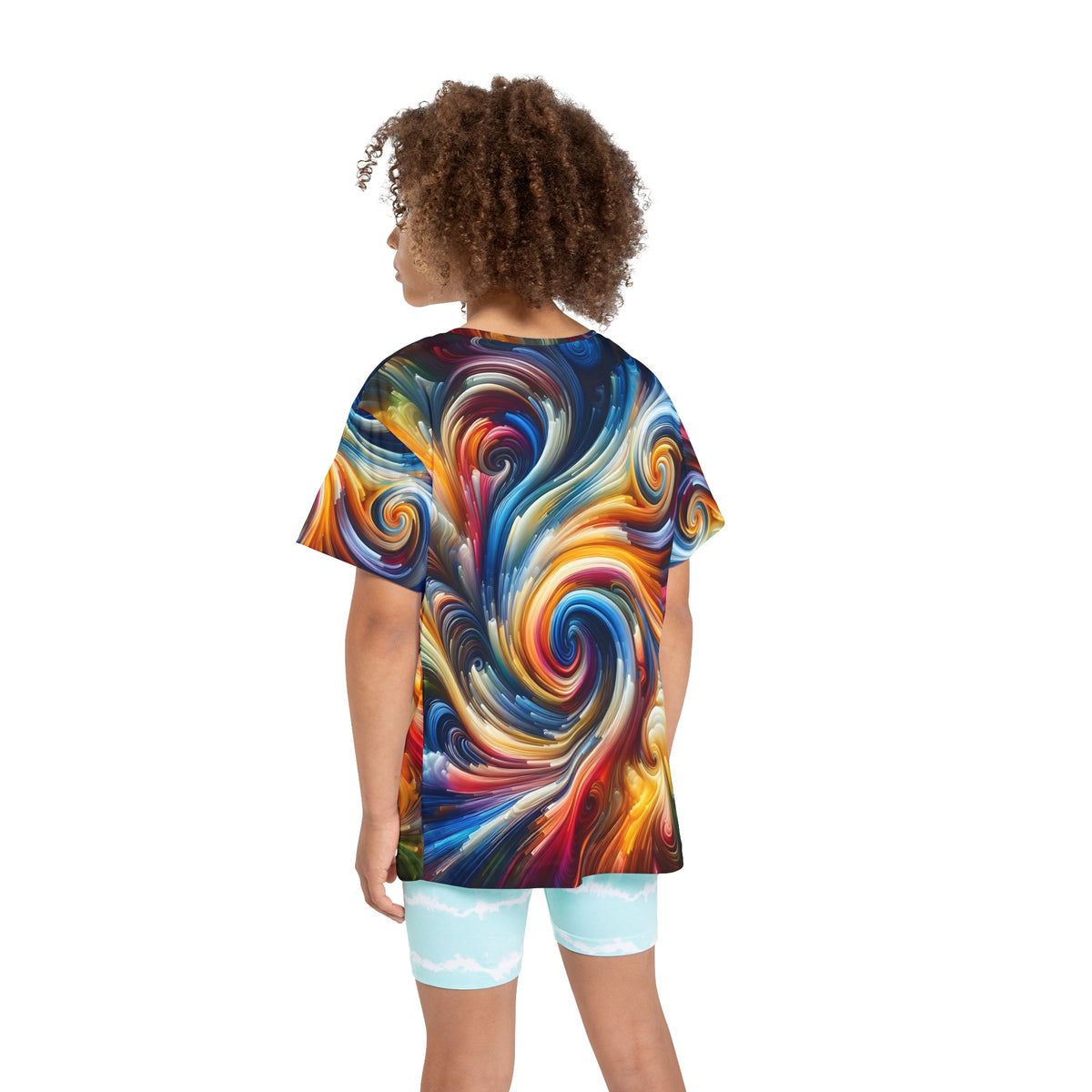 Kids' short-sleeve crew neck tee, rainbow vortex swirl pattern (back view)