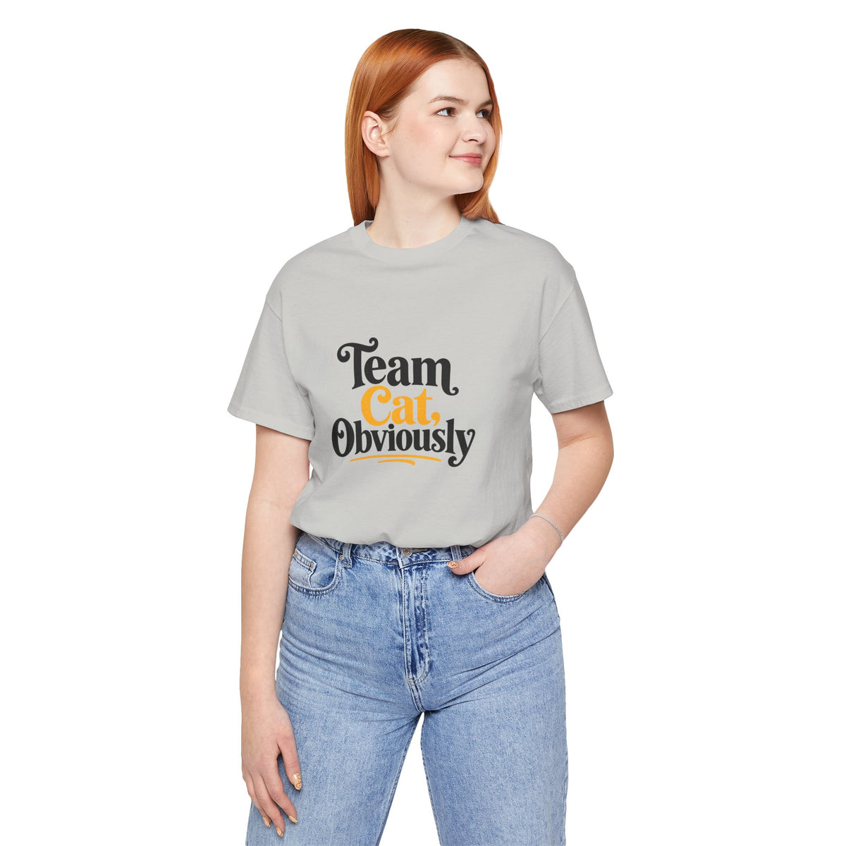 Light gray crew-neck T-shirt with 'Team Cat, Obviously' cat graphic, side view