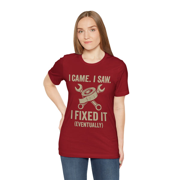 Maroon crew-neck T-shirt with DIY tools print and “I Came I Saw I Fixed It (Eventually)”