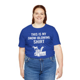 Royal blue snow-blowing T-shirt with centered white text and snowblower print