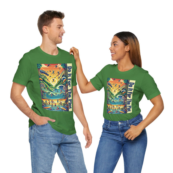 Pair of green graphic crewneck T-shirts with colorful panel and vertical typography