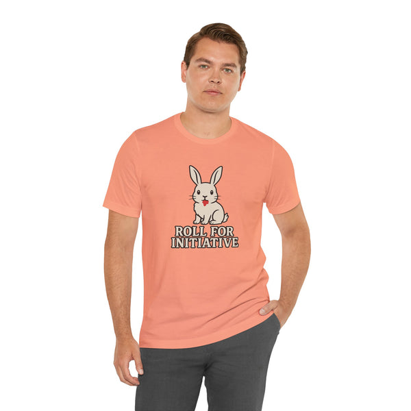 Peach crewneck T-shirt with bunny illustration and "Roll for Initiative" front print