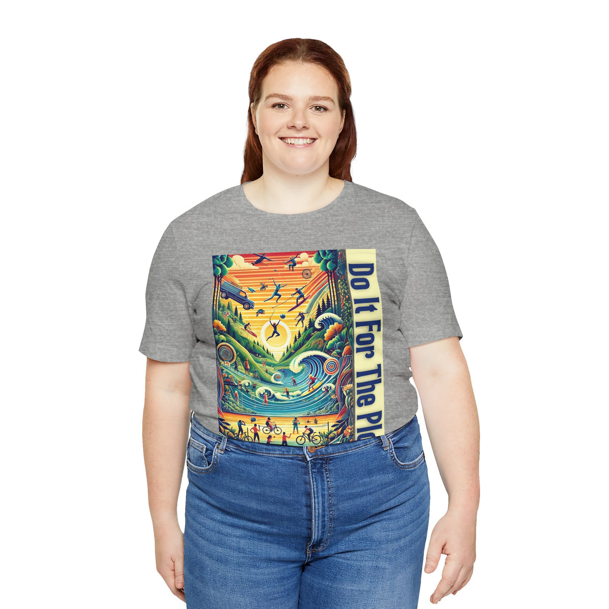 Heather gray crewneck t-shirt with colorful "Do It For The Plot" graphic on front