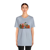 Light blue dinosaur valentines T-shirt with colorful dinosaur heart graphic