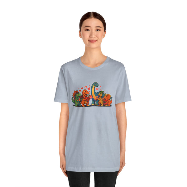 Light blue dinosaur valentines T-shirt with colorful dinosaur heart graphic