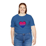 Blue crew-neck T-shirt featuring a pink and navy heart graphic