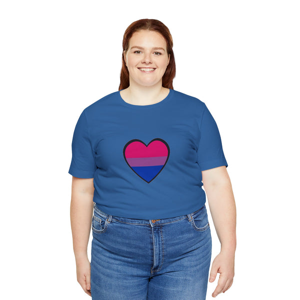 Blue crew-neck T-shirt featuring a pink and navy heart graphic