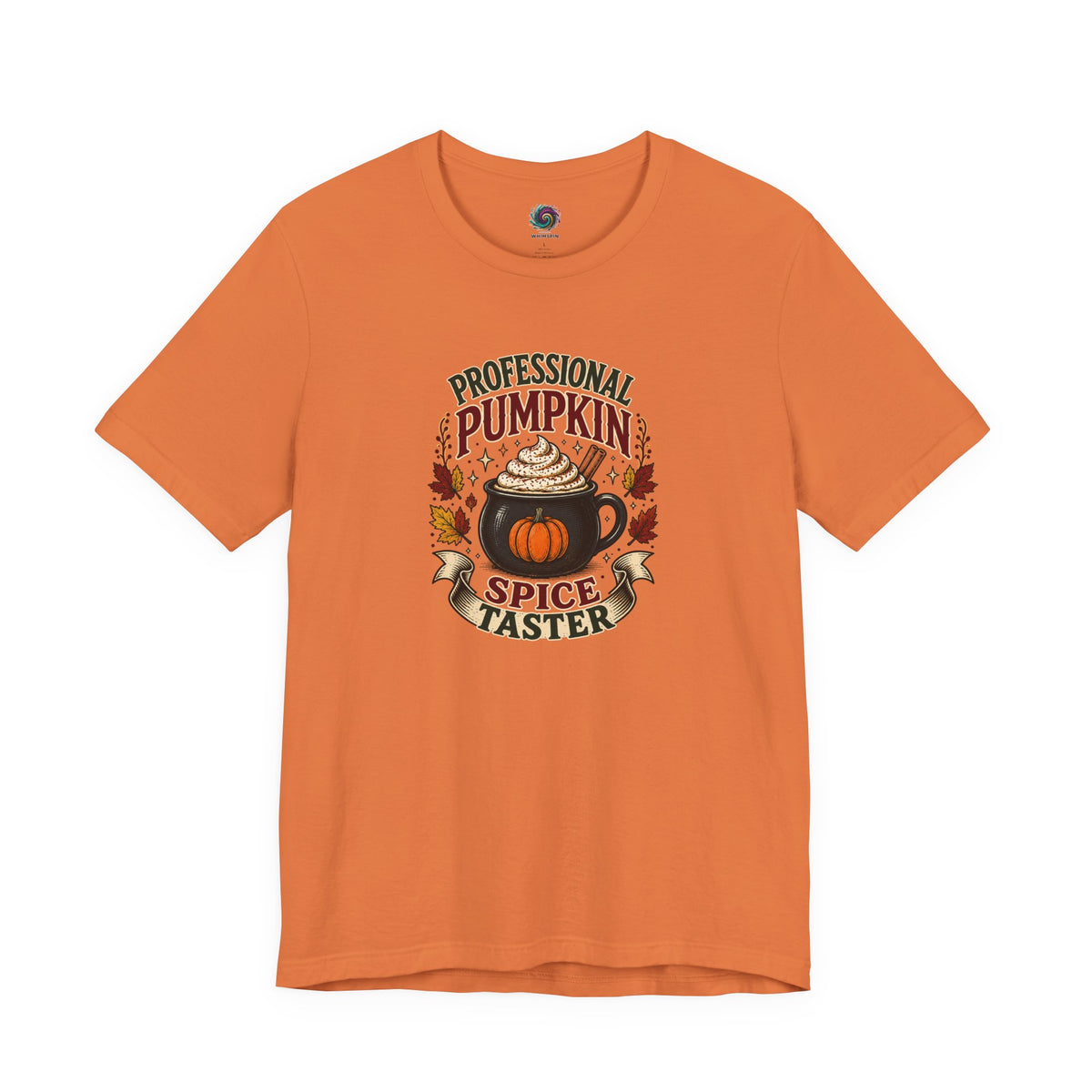 Burnt orange crew-neck T-shirt with colorful pumpkin-spice coffee graphic on the chest