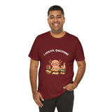 Burgundy T-shirt with axolotl reading graphic and “I axolotl questions” wording