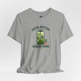 Heather gray short-sleeve T-shirt with social battery charging garden mode graphic